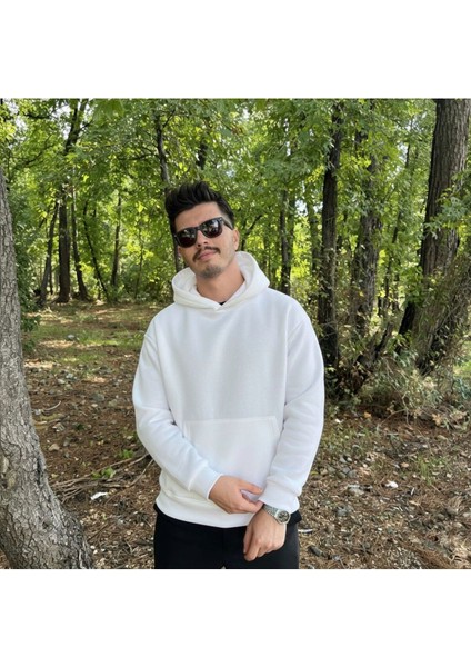 Erkek 3 Iplik Basic Oversize Geniş Kesim Kanguru Cepli Kapüşonlu Sweatshirt