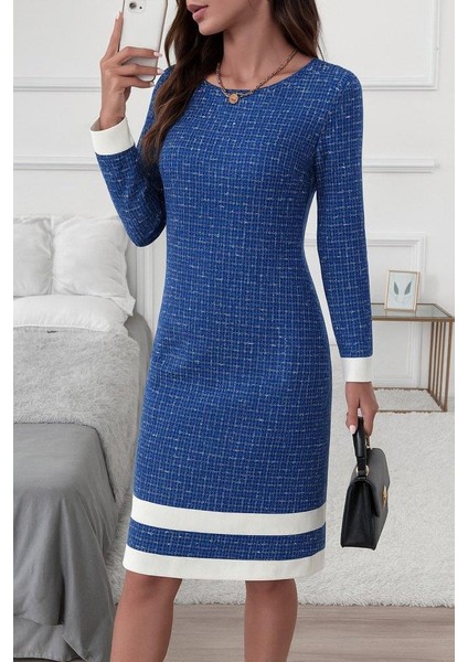 Kadın Uzun Kollu Yuvarlak Yaka Etek Ucu Şerit Detaylı Mini Dokuma Elbise