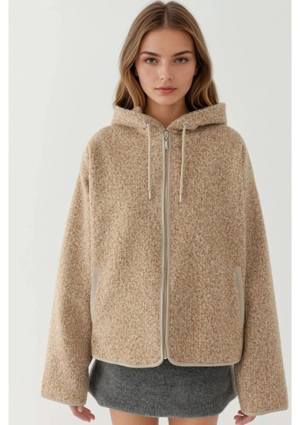 Kadın Dokulu Fermuarlı Rahat Kesim Kapüşonlu Ceket Açık Gri