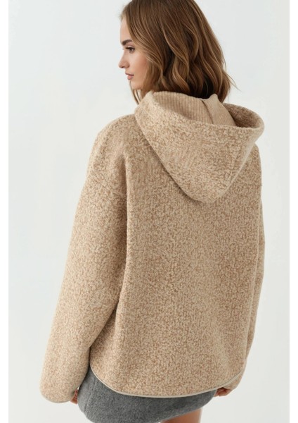 Kadın Dokulu Fermuarlı Rahat Kesim Kapüşonlu Ceket Açık Gri modelleri