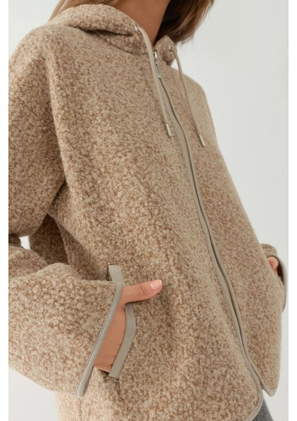 Kadın Dokulu Fermuarlı Rahat Kesim Kapüşonlu Ceket Açık Gri fırsatları