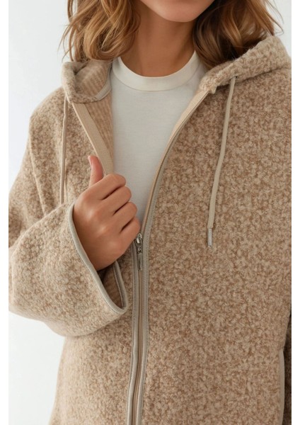 Kadın Dokulu Fermuarlı Rahat Kesim Kapüşonlu Ceket Açık Gri indirimleri