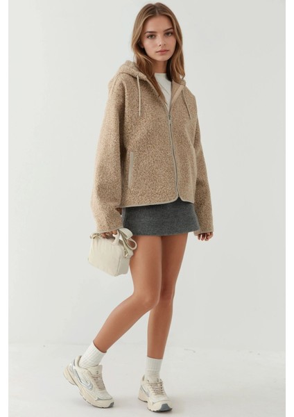 Kadın Dokulu Fermuarlı Rahat Kesim Kapüşonlu Ceket Açık Gri