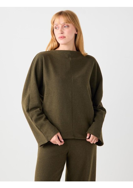 Haki Melanj Rahat Kesim Yarasa Kol Yumuşak Dokulu Sweatshirt