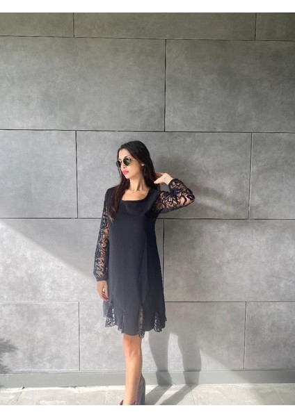 Kadın Uzun Kollu Yuvarlak Yaka Kol ve Etek Ucu Dantelli Kısa Ithal Krep Elbise fırsatları