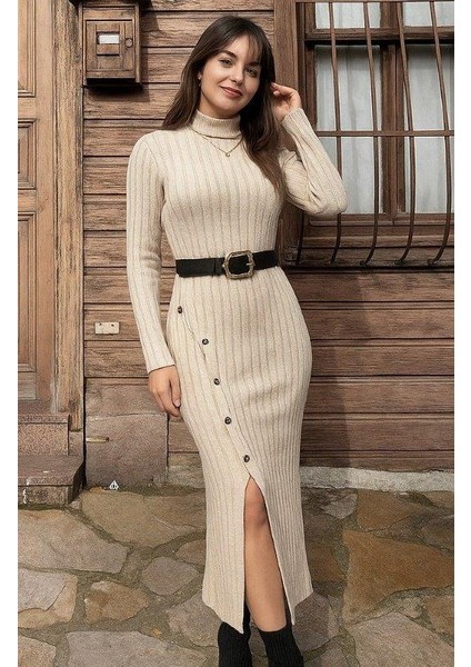 Kadın Uzun Kollu Balıkçı Yaka Yırtmaçlı Düğmeli Şardonlu Kaşkorse Elbise modelleri