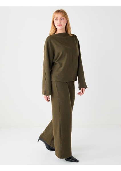 Haki Melanj Rahat Kesim Yumuşak Dokulu Bol Paça Örme Pantolon modelleri