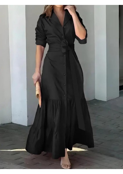 Kadın Uzun Kollu Eteği Fırfırlı Beli Kuşaklı Trikoton Tam Boy Gömlek Elbise modelleri