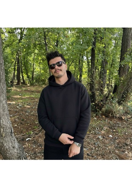 Erkek 3 Iplik Basic Oversize Geniş Kesim Kanguru Cepli Kapüşonlu Sweatshirt