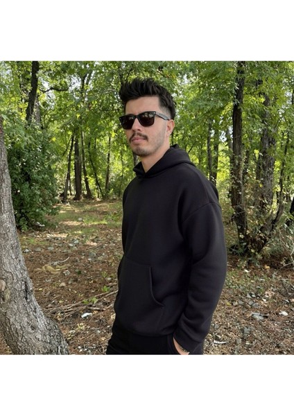Erkek 3 Iplik Basic Oversize Geniş Kesim Kanguru Cepli Kapüşonlu Sweatshirt fiyatları