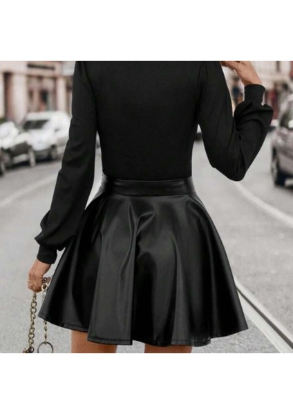 Kadın Uzun Kollu Kare Yaka Üst Viskon Alt Deri Mini Elbise indirimleri