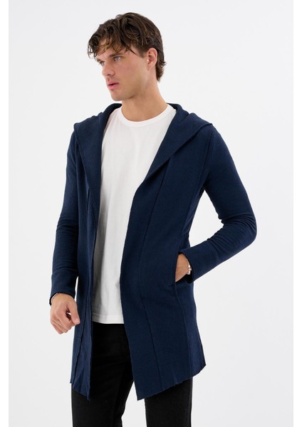 Erkek Uzun Kapüşonlu Salaş Örme Kumaş Hırka Cepli Rahat Model