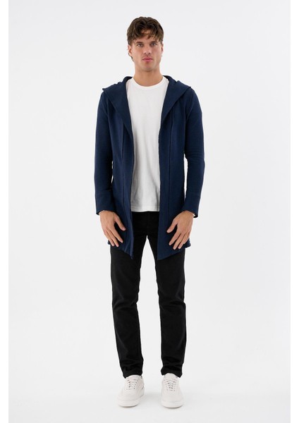 Erkek Uzun Kapüşonlu Salaş Örme Kumaş Hırka Cepli Rahat Model