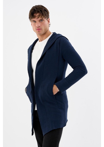 Erkek Uzun Kapüşonlu Salaş Örme Kumaş Hırka Cepli Rahat Model