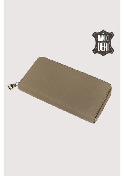Hakiki Deri Kadın Büyük Boy Fermuarlı Cüzdan Vizon SMR5108