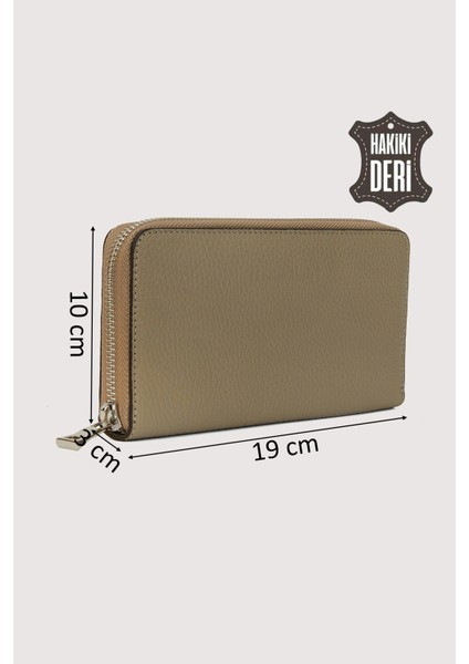 Hakiki Deri Kadın Büyük Boy Fermuarlı Cüzdan Vizon SMR5108 fiyatları