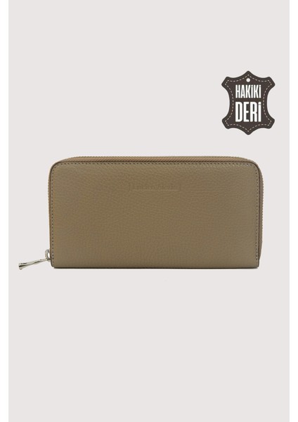 Hakiki Deri Kadın Büyük Boy Fermuarlı Cüzdan Vizon SMR5108 modelleri