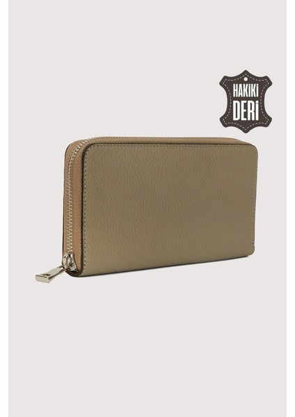 Hakiki Deri Kadın Büyük Boy Fermuarlı Cüzdan Vizon SMR5108 indirimleri