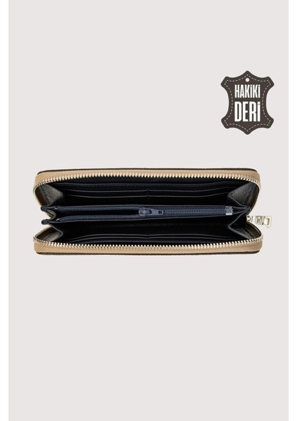 Hakiki Deri Kadın Büyük Boy Fermuarlı Cüzdan Vizon SMR5108