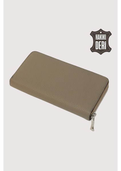 Hakiki Deri Kadın Büyük Boy Fermuarlı Cüzdan Vizon SMR5108