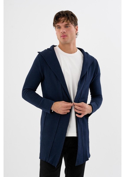 Erkek Uzun Kapüşonlu Salaş Örme Kumaş Hırka Cepli Rahat Model