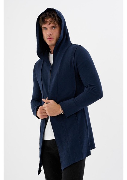 Erkek Uzun Kapüşonlu Salaş Örme Kumaş Hırka Cepli Rahat Model