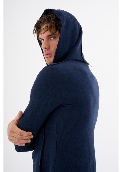 Erkek Uzun Kapüşonlu Salaş Örme Kumaş Hırka Cepli Rahat Model