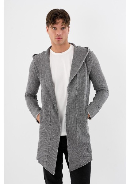 Erkek Uzun Kapüşonlu Salaş Örme Kumaş Hırka Cepli Rahat Model