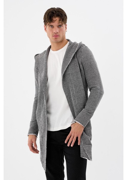 Erkek Uzun Kapüşonlu Salaş Örme Kumaş Hırka Cepli Rahat Model