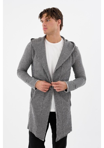 Erkek Uzun Kapüşonlu Salaş Örme Kumaş Hırka Cepli Rahat Model