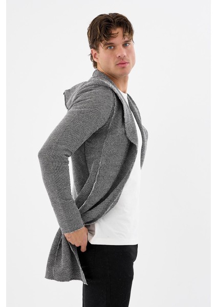 Erkek Uzun Kapüşonlu Salaş Örme Kumaş Hırka Cepli Rahat Model