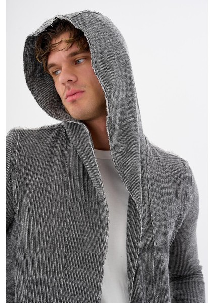 Erkek Uzun Kapüşonlu Salaş Örme Kumaş Hırka Cepli Rahat Model