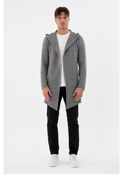 Erkek Uzun Kapüşonlu Salaş Örme Kumaş Hırka Cepli Rahat Model