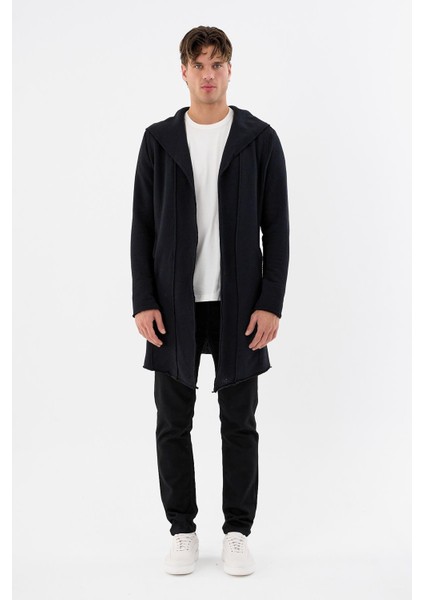 Erkek Uzun Kapüşonlu Salaş Örme Kumaş Hırka Cepli Rahat Model