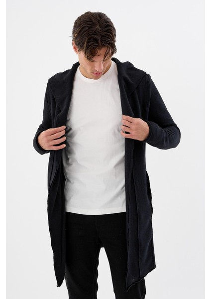 Erkek Uzun Kapüşonlu Salaş Örme Kumaş Hırka Cepli Rahat Model