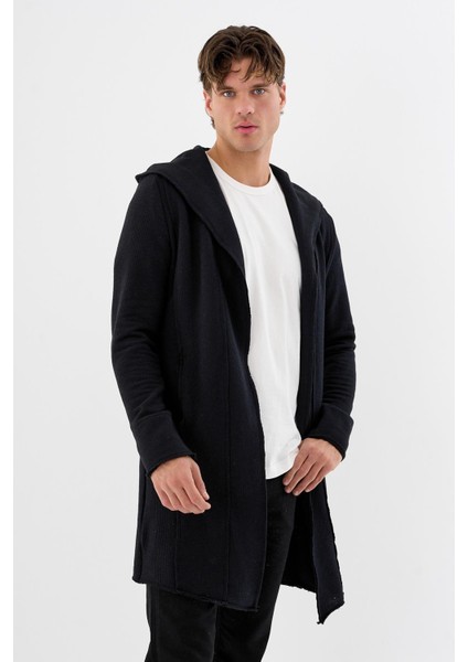 Erkek Uzun Kapüşonlu Salaş Örme Kumaş Hırka Cepli Rahat Model