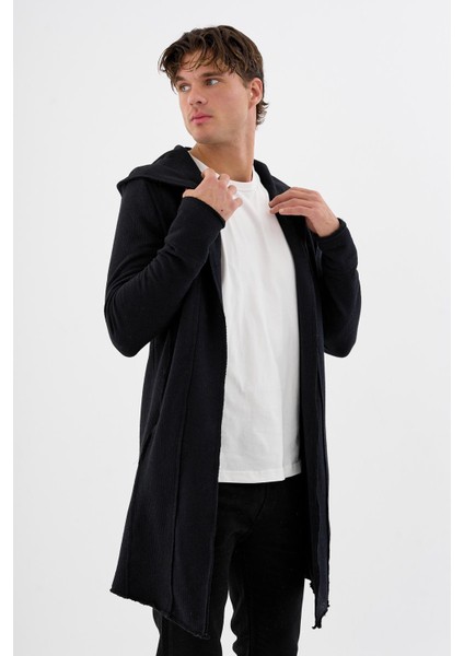 Erkek Uzun Kapüşonlu Salaş Örme Kumaş Hırka Cepli Rahat Model