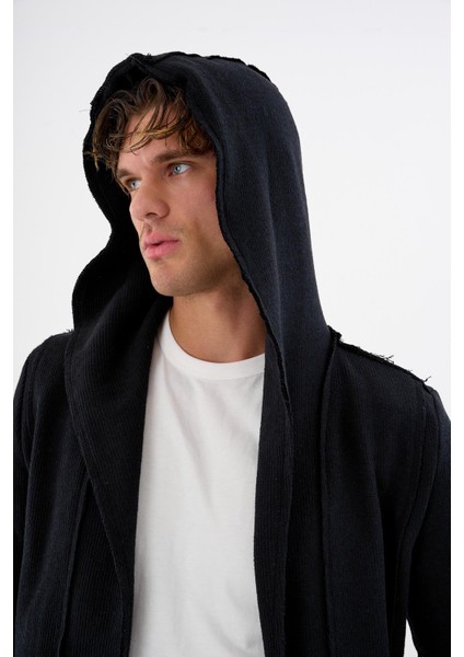 Erkek Uzun Kapüşonlu Salaş Örme Kumaş Hırka Cepli Rahat Model