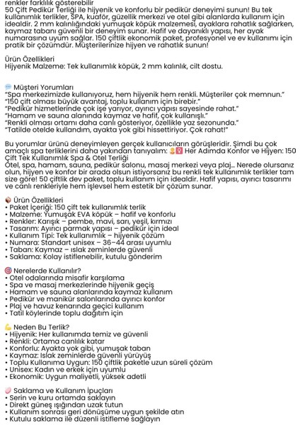 Tek Kullanımlık Spa Otel Pedikür Terliği 50 Çift 2 mm Kalınlık 722331