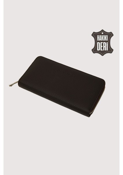 Hakiki Deri Kadın Büyük Boy Fermuarlı Cüzdan Kahverengi SMR5108