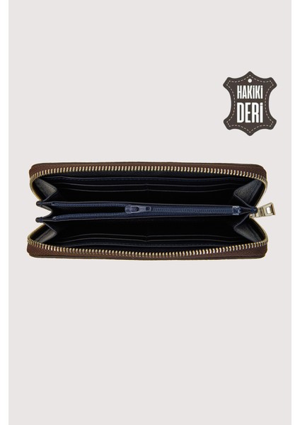 Hakiki Deri Kadın Büyük Boy Fermuarlı Cüzdan Kahverengi SMR5108