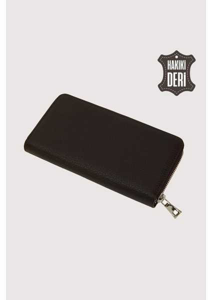 Hakiki Deri Kadın Büyük Boy Fermuarlı Cüzdan Kahverengi SMR5108