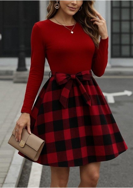 Kadın Uzun Kollu Bisiklet Yaka Üst Viskon Alt Ekose Kısa Elbise modelleri