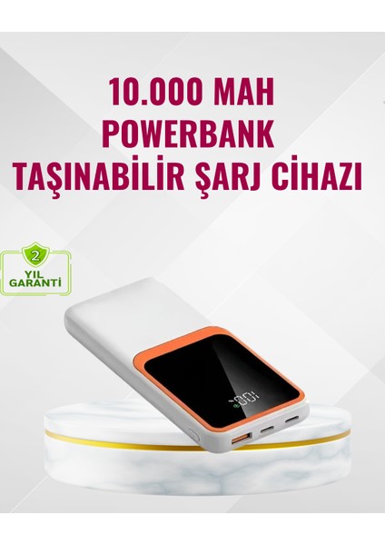 Powerbank 10000 mAh – Çift USB Çıkışlı, Type-C Girişli, Şık Beyaz Tasarım