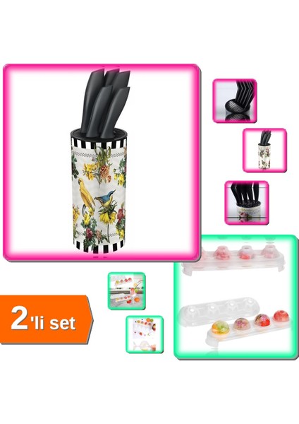 6 Parça Stantlı Şef Bıçak Seti + Silikon Tabanlı 4 Bölmeli Buz Kalıbı - Mutfak Ürünleri 2li Set A1B2