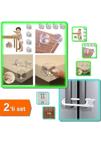 4 Adet Bebek Güvenlik Köşe Koruyucu + Çocuk Dolap Çekmece Sürgülü Kilit - 2li Set 9frkxm