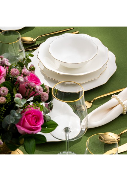 Maria Fine Bone 59 Parça 12 Kişilik Yemek Takımı Yuvarlak Gold