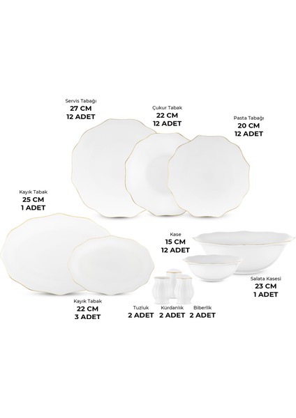 Maria Fine Bone 59 Parça 12 Kişilik Yemek Takımı Yuvarlak Gold