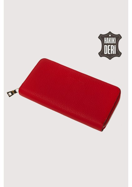 Hakiki Deri Kadın Büyük Boy Fermuarlı Cüzdan Kırmızı SMR5108