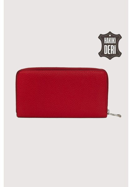 Hakiki Deri Kadın Büyük Boy Fermuarlı Cüzdan Kırmızı SMR5108 fırsatları